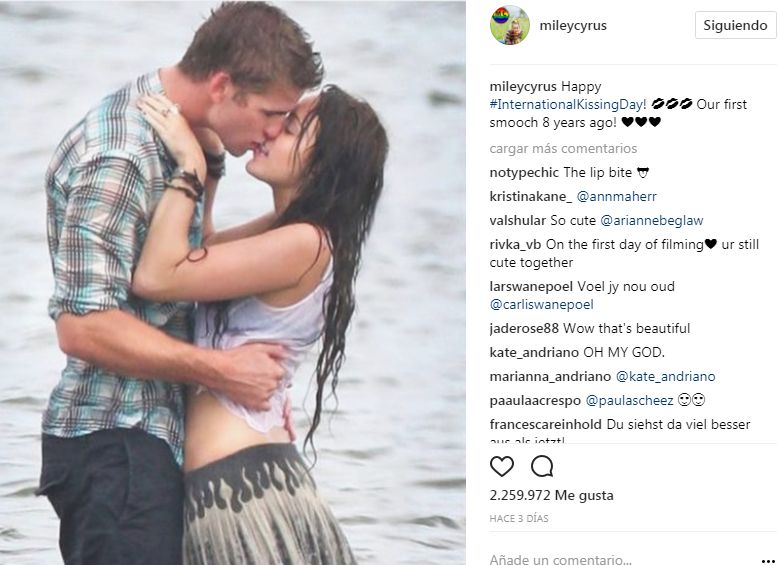 Miley Cyrus comparte foto de su primer beso con Liam Hemsworth 