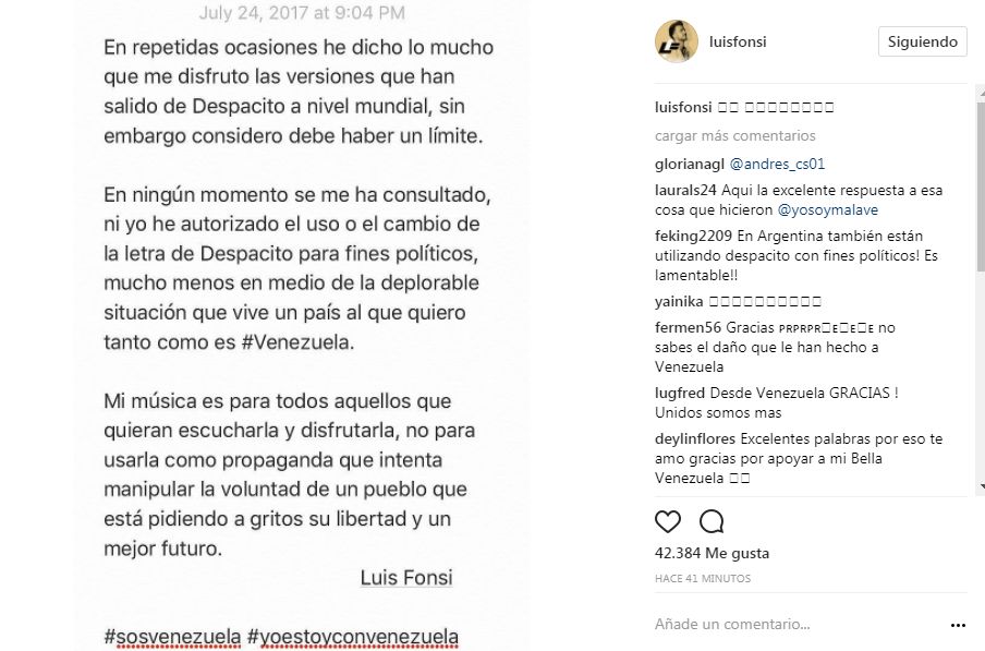 carbón Vergonzoso Ceder el paso Luis Fonsi expresó su molestia por versión de 'Despacito' de Nicolás Maduro  - América Noticias