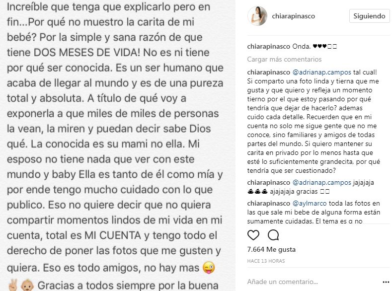 Chiara Pinasco explica por qué no muestra el rostro de su bebé