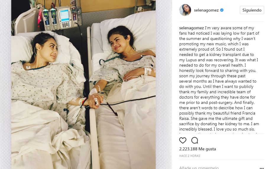 Selena Gómez se sometió a un trasplante de riñón