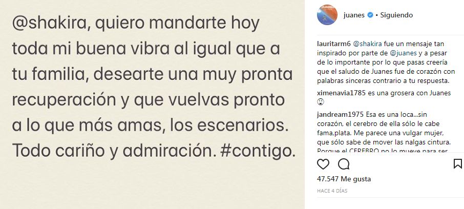 Juanes le dedica reconfortante mensaje a Shakira