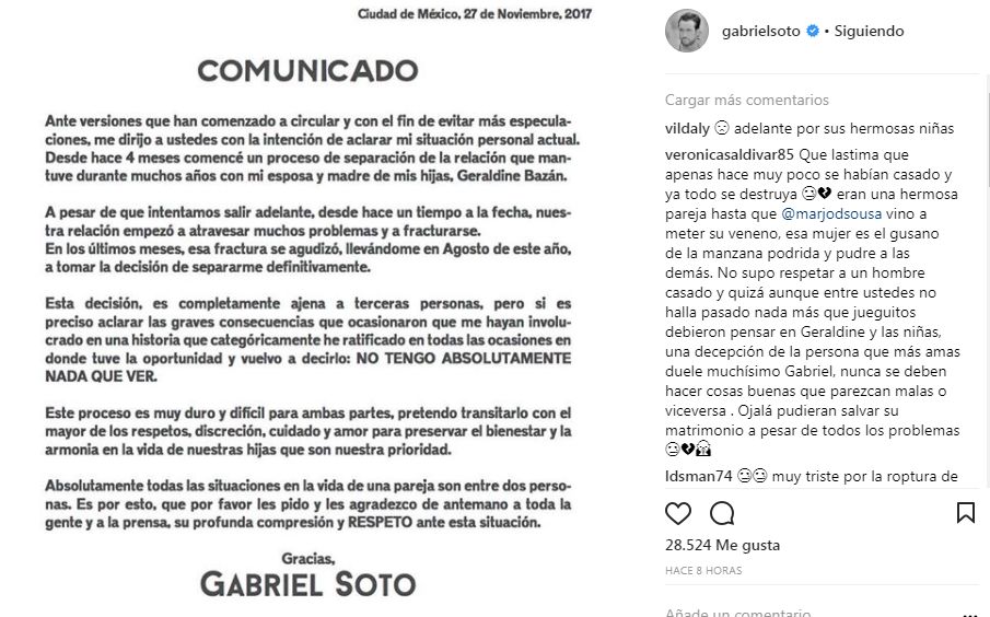 Gabirel Soto confirma separación de Geraldine Bazán
