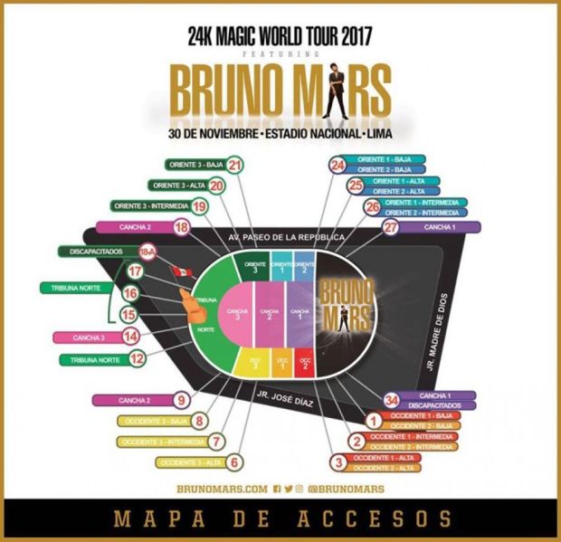 Accesos para Bruno Mars en Lima