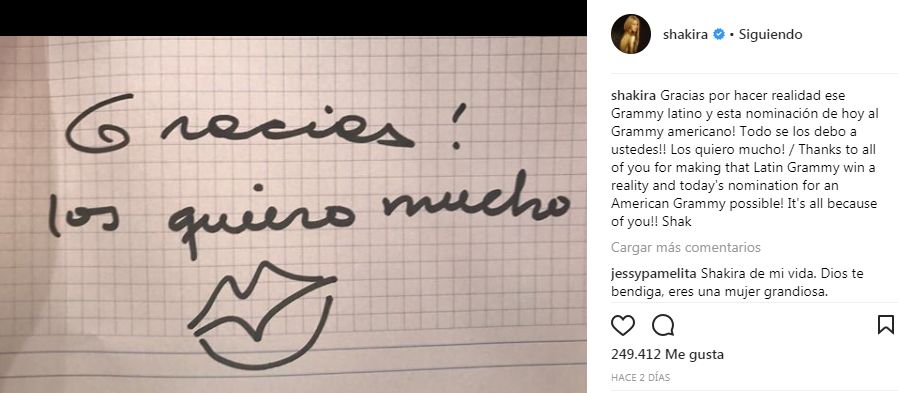 Shakira y su mensaje de puño y letra